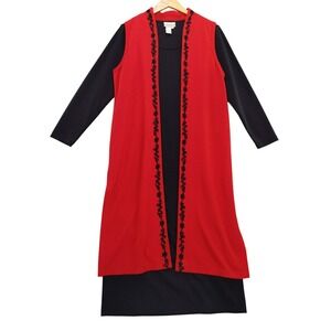 Coldwater Creek Red Black Embroidered Long Sleeve Dress Vest Set PM